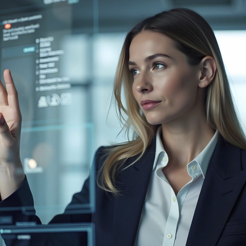 businesswoman interacting with futuristic interface